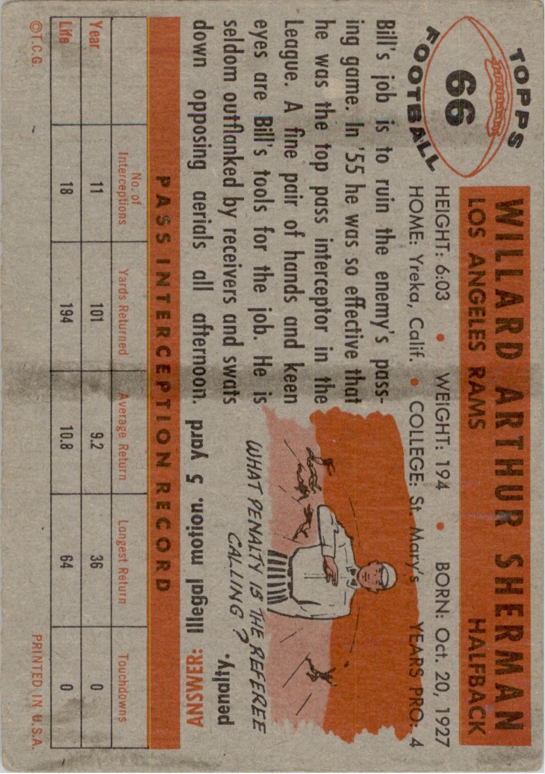 1956 Topps #66 Willard Sherman RC back image