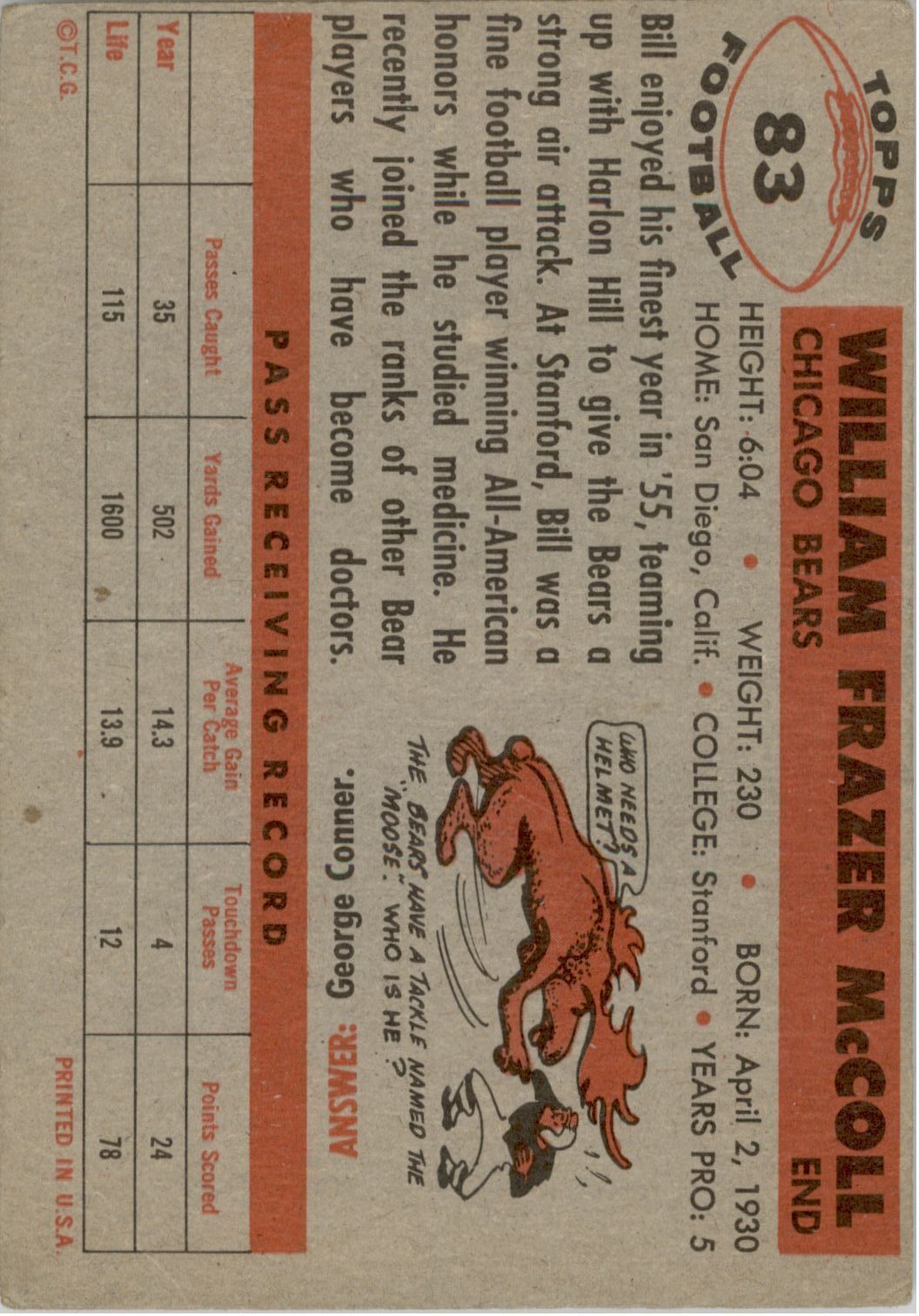 1956 Topps #83 Bill McColl back image