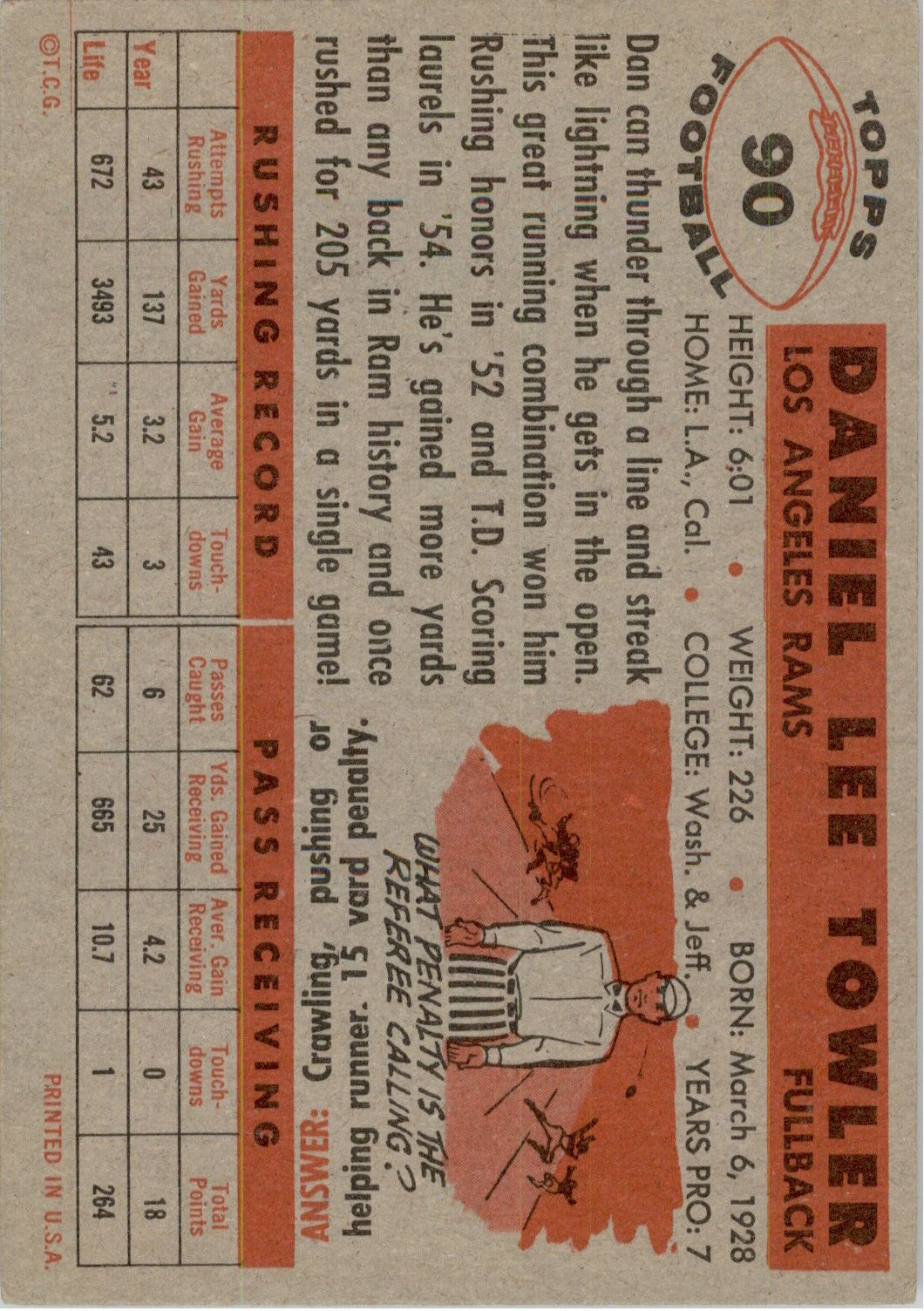 1956 Topps #90 Dan Towler back image