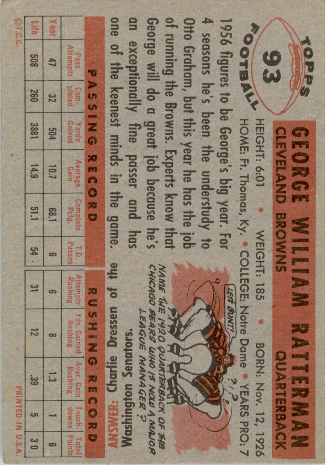 1956 Topps #93 George Ratterman back image