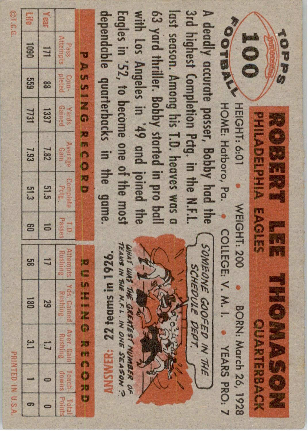 1956 Topps #100 Bobby Thomason back image