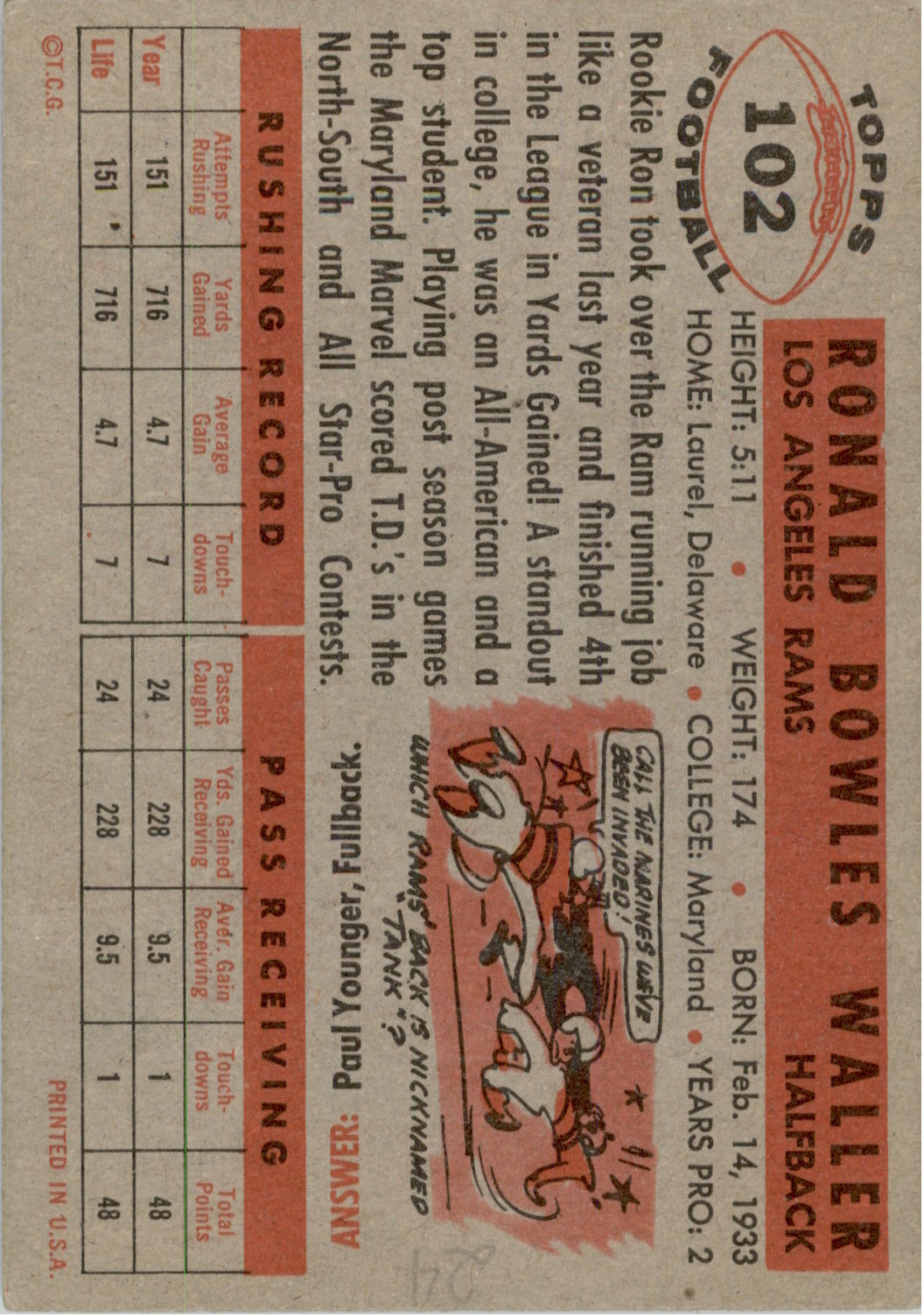 1956 Topps #102 Ron Waller RC back image