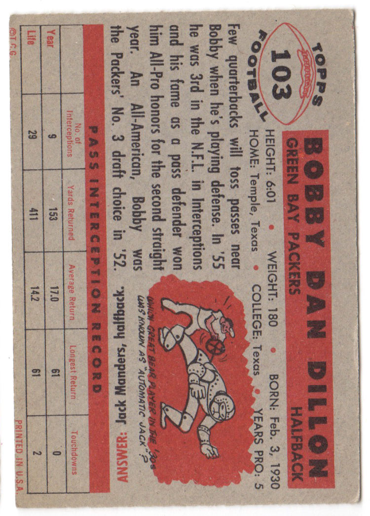 1956 Topps #103 Bobby Dillon back image