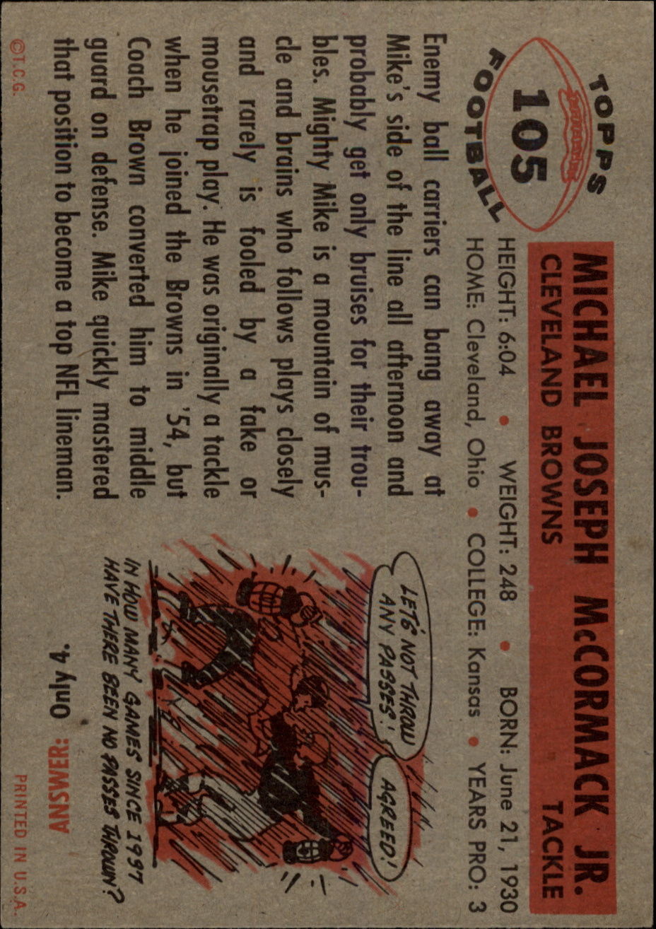 1956 Topps #105 Mike McCormack back image