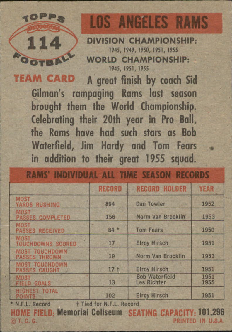 1956 Topps #114 Los Angeles Rams back image