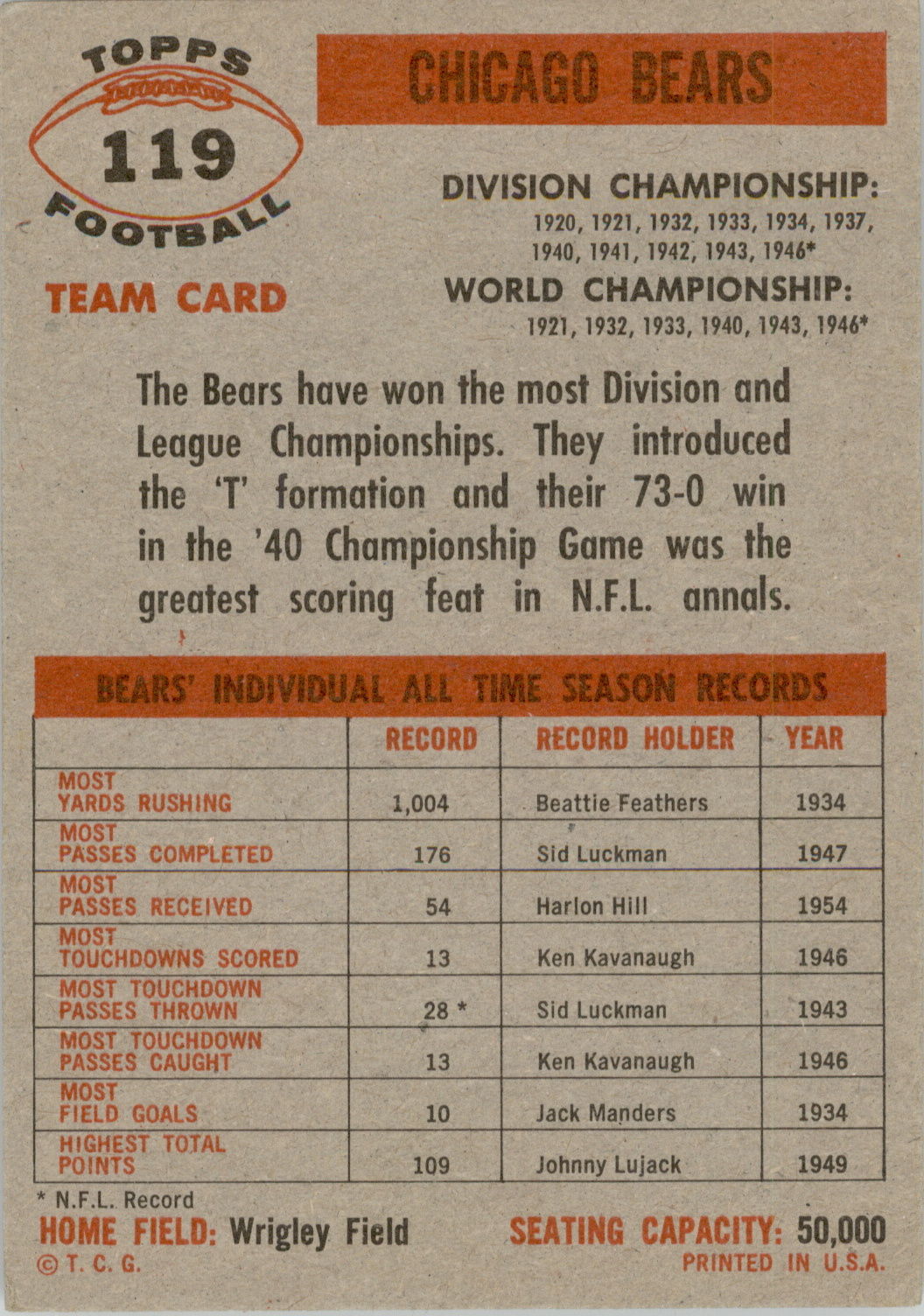 1956 Topps #119 Chicago Bears back image
