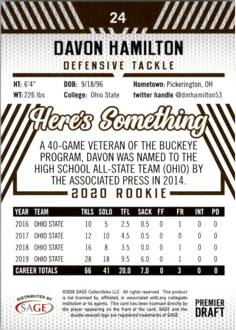 2020 SAGE HIT #24 Davon Hamilton back image