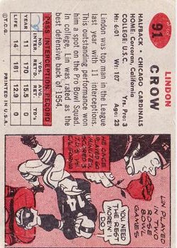 1957 Topps #91 Lindon Crow DP back image