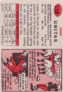 1957 Topps #138 Johnny Unitas DP RC back image