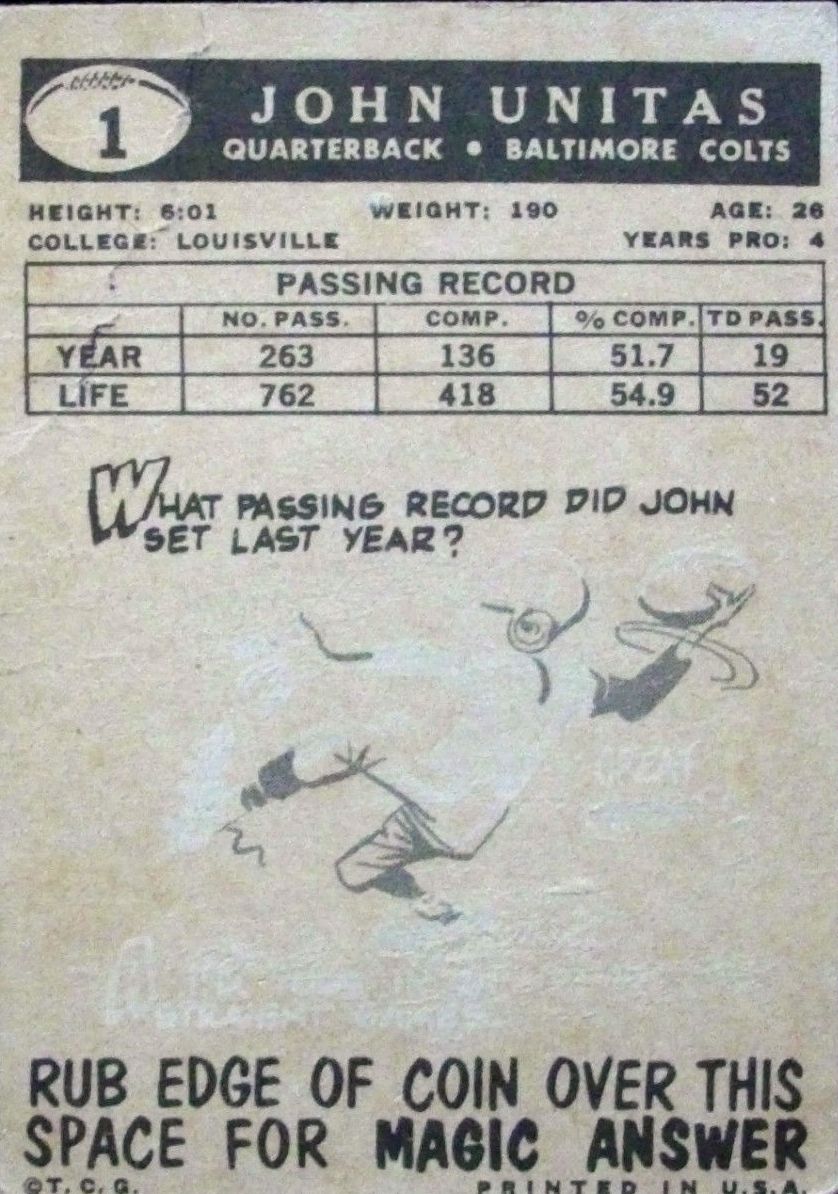 1959 Topps #1 Johnny Unitas back image