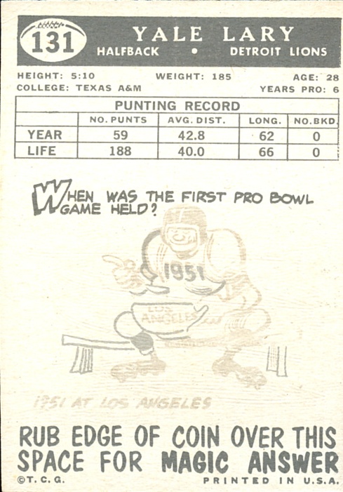 1959 Topps #131 Yale Lary back image