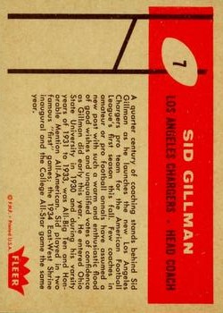 1960 Fleer #7 Sid Gillman CO RC back image