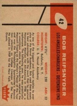 1960 Fleer #42 Bob Reifsnyder RC back image