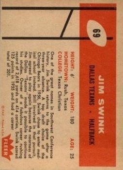 1960 Fleer #69 Jim Swink RC back image