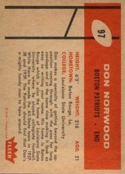 1960 Fleer #97 Don Norwood RC back image