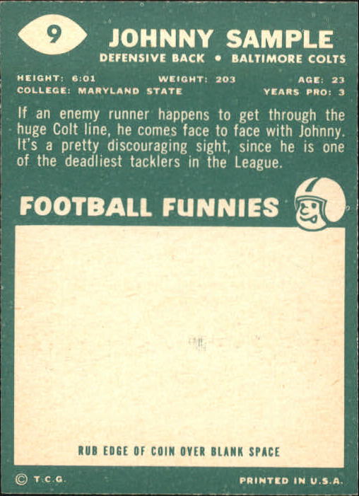 1960 Topps #9 Johnny Sample RC back image