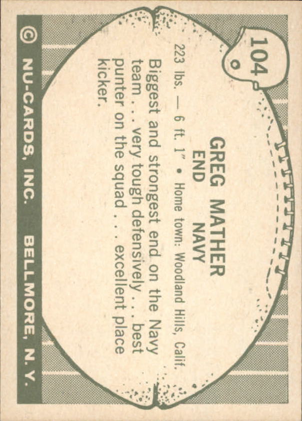 1961 Nu-Card #104 Greg Mather back image