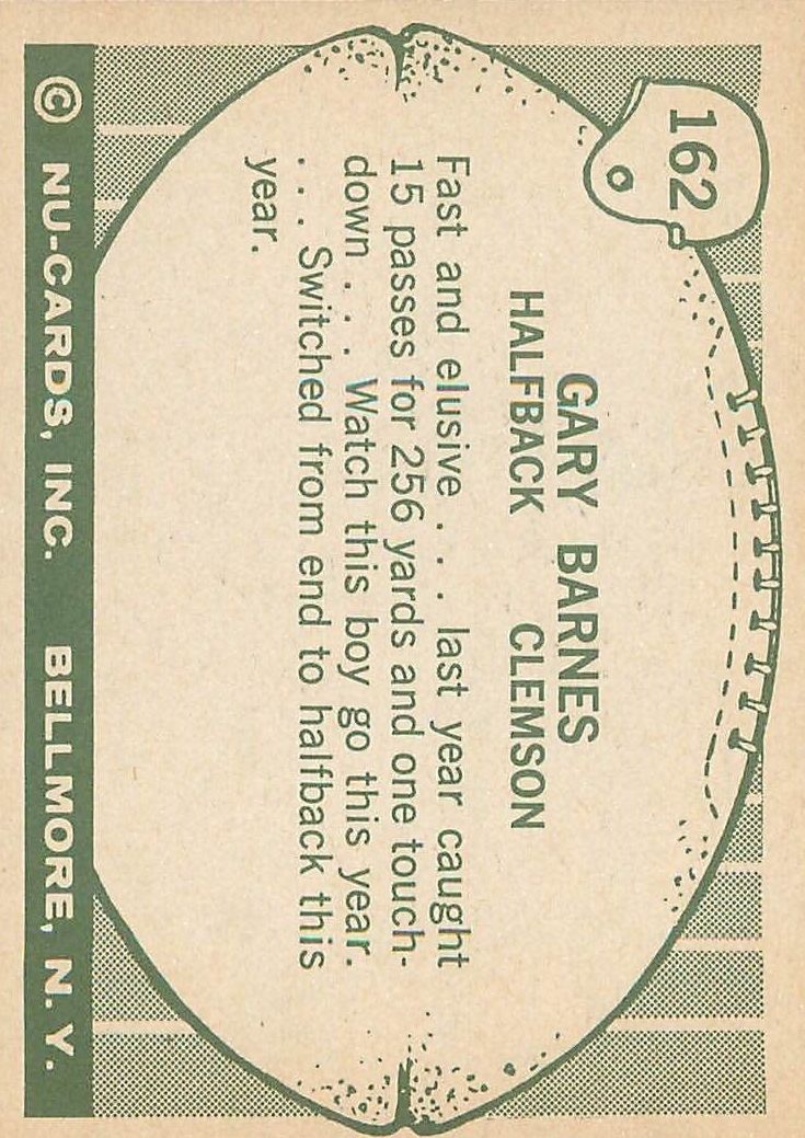 1961 Nu-Card #162 Gary Barnes back image