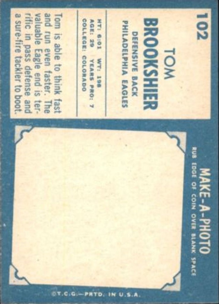 1961 Topps #102 Tom Brookshier back image
