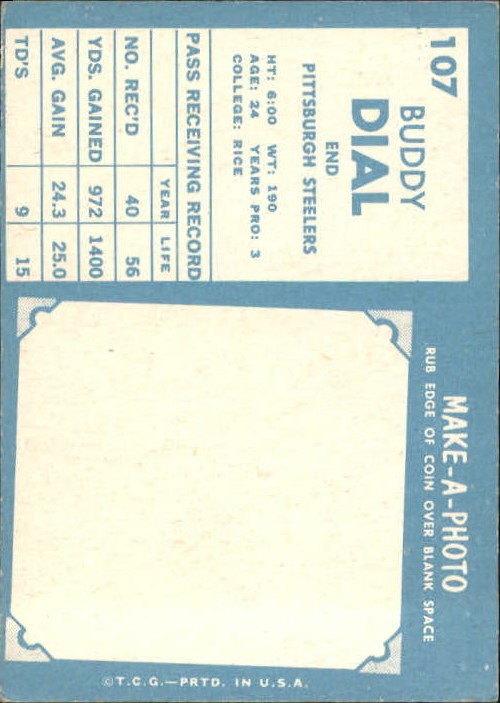 1961 Topps #107 Buddy Dial RC back image