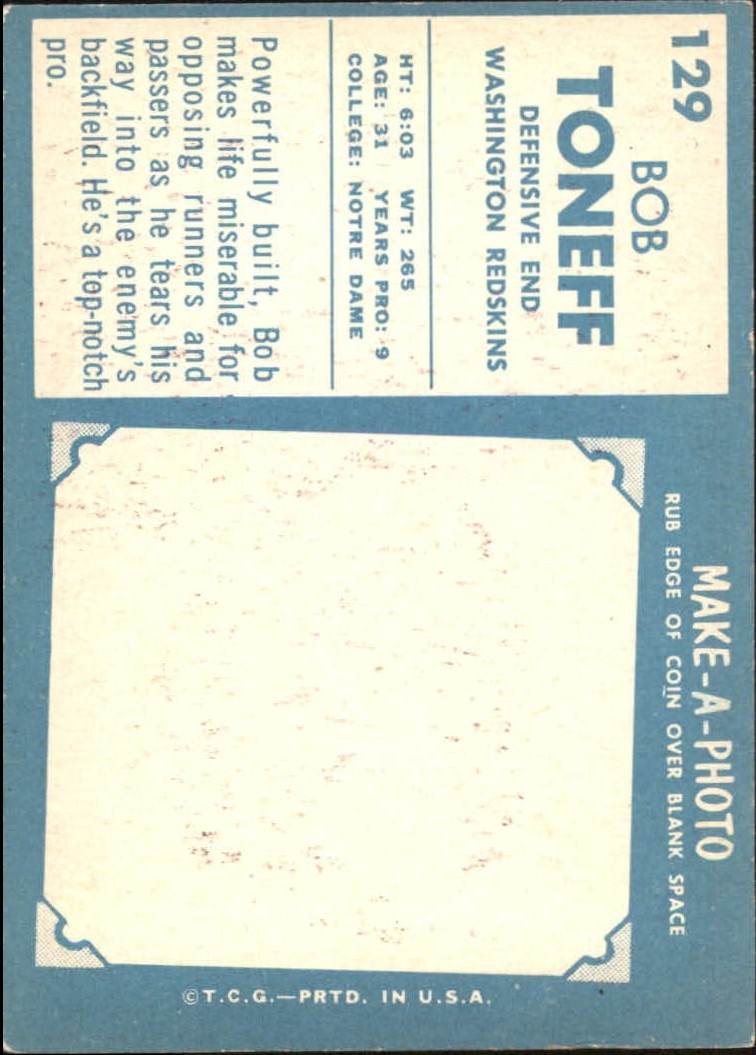 1961 Topps #129 Bob Toneff back image