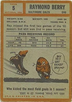 1962 Topps #5 Raymond Berry SP back image