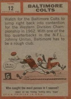 1962 Topps #12 Baltimore Colts Team back image