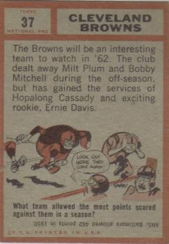1962 Topps #37 Cleveland Browns Team back image