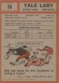 1962 Topps #56 Yale Lary back image