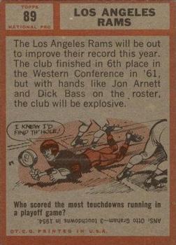 1962 Topps #89 Los Angeles Rams Team SP back image
