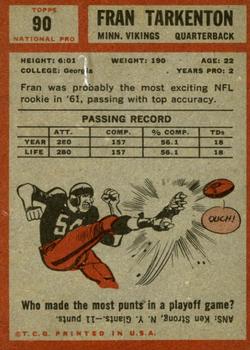 1962 Topps #90 Fran Tarkenton SP RC UER/Small photo actually/Sonny Jurgensen/with airbrushed jersey back image