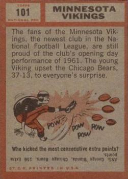 1962 Topps #101 Minnesota Vikings Team SP back image