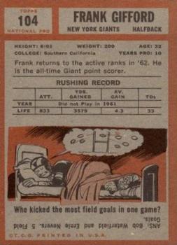 1962 Topps #104 Frank Gifford back image