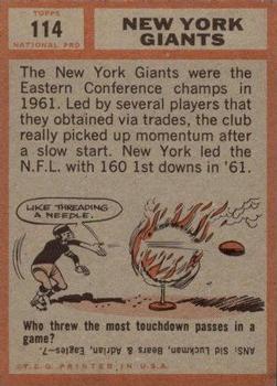 1962 Topps #114 New York Giants Team back image