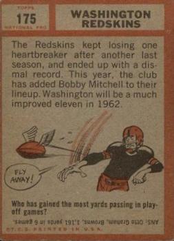 1962 Topps #175 Washington Redskins Team back image