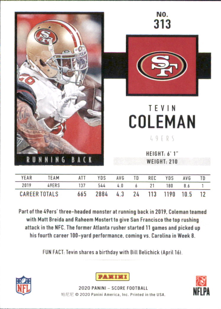 2020 Score #313 Tevin Coleman back image