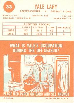 1963 Topps #33 Yale Lary back image