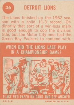 1963 Topps #36 Detroit Lions SP back image
