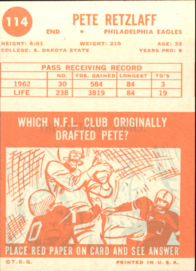 1963 Topps #114 Pete Retzlaff SP back image