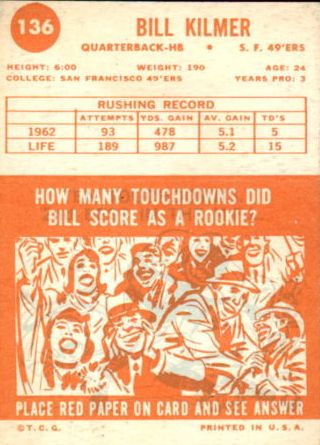 1963 Topps #136 Billy Kilmer back image