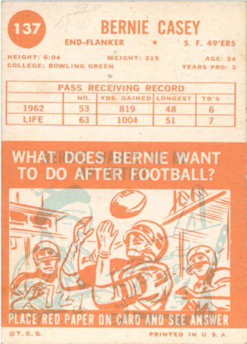 1963 Topps #137 Bernie Casey RC back image