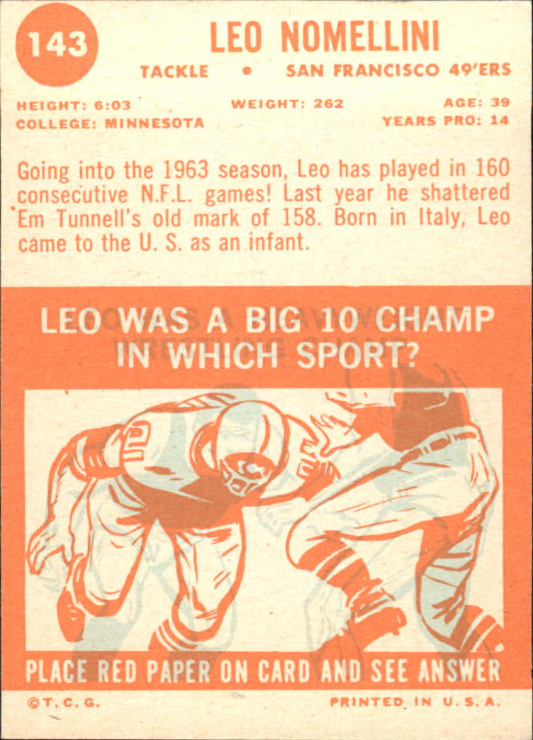 1963 Topps #143 Leo Nomellini back image