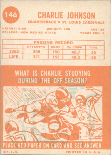 1963 Topps #146 Charley Johnson RC back image