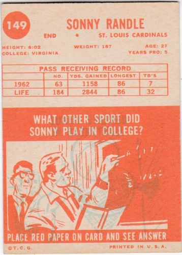 1963 Topps #149 Sonny Randle back image