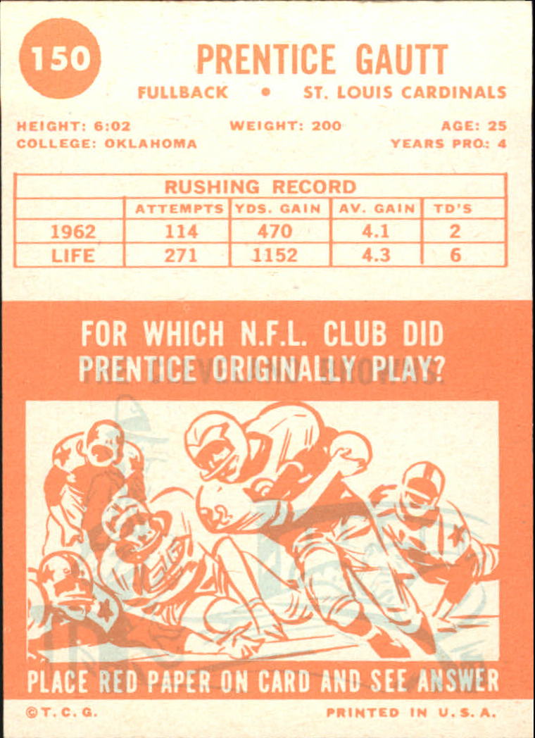 1963 Topps #150 Prentice Gautt back image