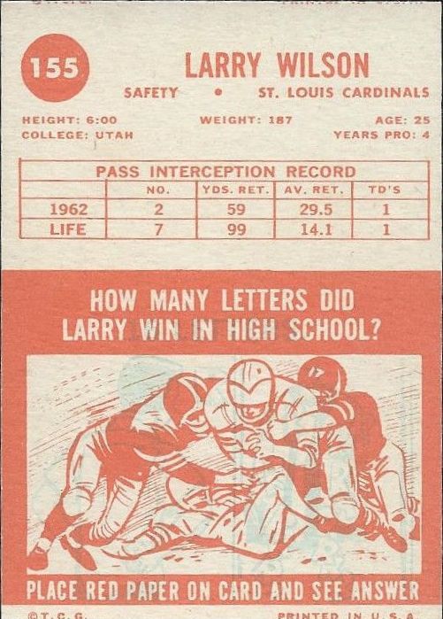 1963 Topps #155 Larry Wilson RC back image