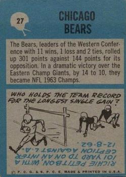 1964 Philadelphia #27 Chicago Bears back image
