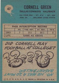 1964 Philadelphia #47 Cornell Green RC back image