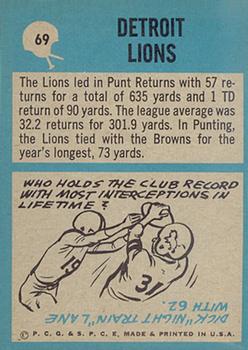 1964 Philadelphia #69 Detroit Lions back image