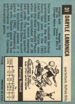 1964 Topps #31 Daryle Lamonica RC back image